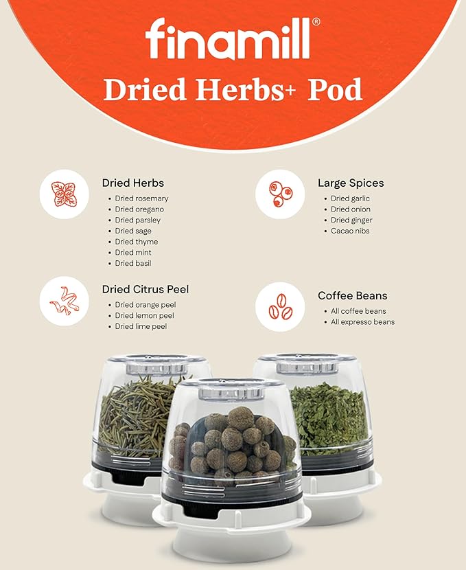 FinaMill Dried Herbs+ Pod – Single Refillable Spice Pod for Dried Herbs & Larger Spices, Adjustable Grind Size, Long Lasting, Compatible with FinaMill Spice Grinders, Home and Kitchen Gifts for Women