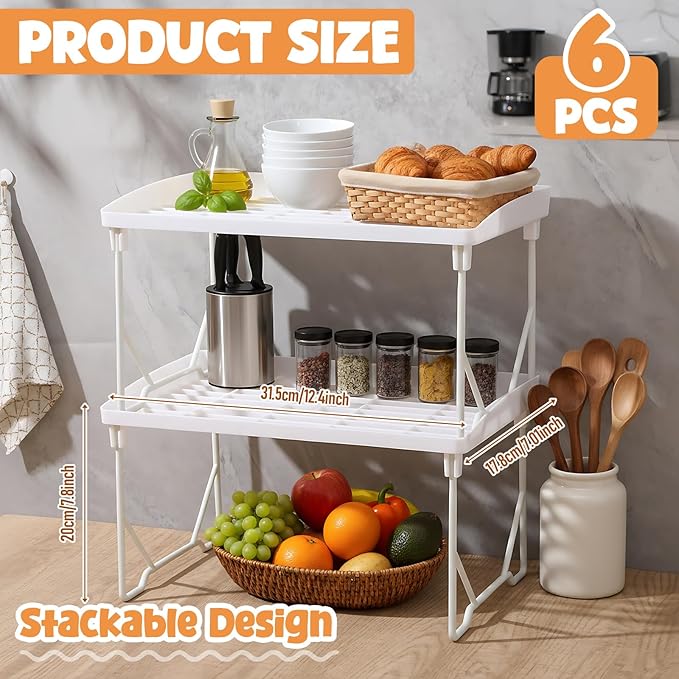 6 Pack Stackable Plastic Kitchen Storage Shelf Foldable Racks, Pantry Shelf Cabinet Organizers, Expandable Storage Rack for Cabinet Fridge Bathroom (12.4 X 7.6 x 6.3,White)