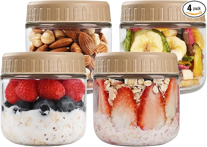 Overnight Oats Containers with Lids, 10oz Glass Jars with Lids 4 pcs, Taffy, Wide Mouth Mason jars for Salad, Yogurt, Snacks, Meal Prep