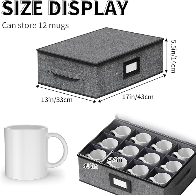 Aokeyee 2-Pack Cup and Mug Storage Box, Hard Shell China Storage Containers - Holds 24 Coffee Mugs, Tea Cups & Glasses, Stackable Organizers with Lid, Handles, Zippers & Label for Moving
