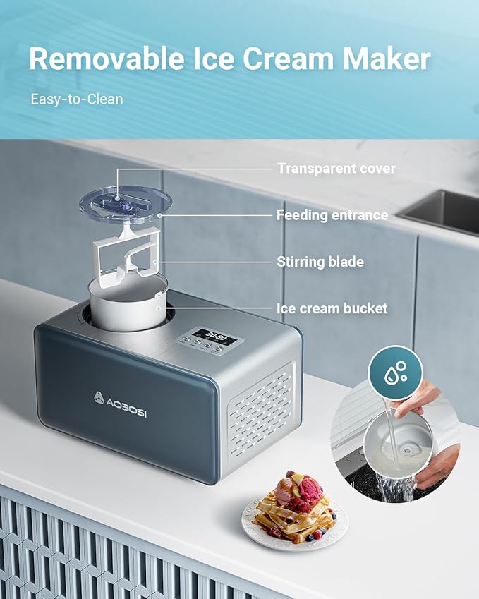 AAOBOSI Electric Ice Cream Maker with Compressor, Ice Cream Maker Machine No Pre Freezing, Ice Cream Machines for Home, Small Homemade Gelato Maker with 4 Modes, 1.61 Quart