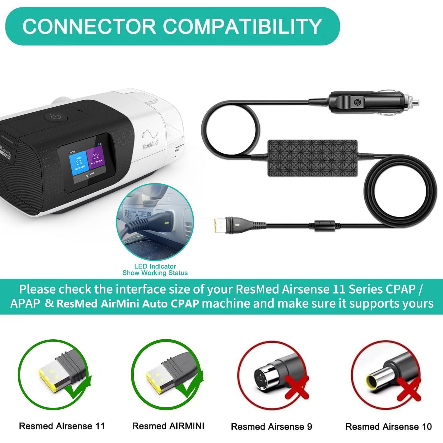 HKY Replacement Resmed AirSense 11 DC Adapter 65W 12V to 24V Car DC Converter for Resmed AirSense 11 AutoSet/Elite/CPAP & AirCurve 11 VAuto/ASV BiLevel Machine CPAP Power Cord Air Airsense 11 Supplies