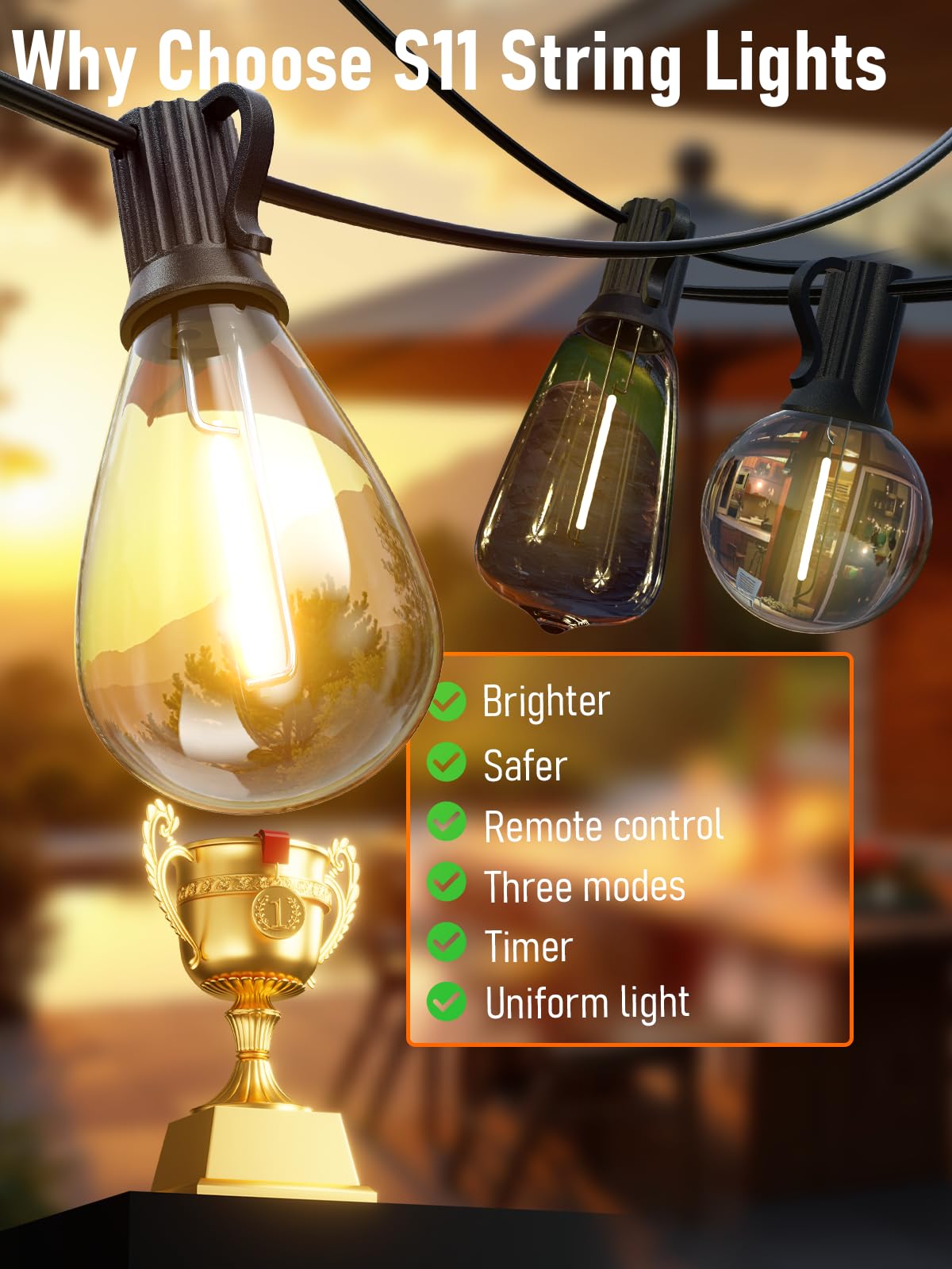 Luckystyle 15Ft Led Outdoor String Lights With Remote  6+1 Shatterproof Bulbs Waterproof And Dimmable Patio Lights For Porch  Garden  Backyard  Deck  Balcony  2700K Hanging Lighting