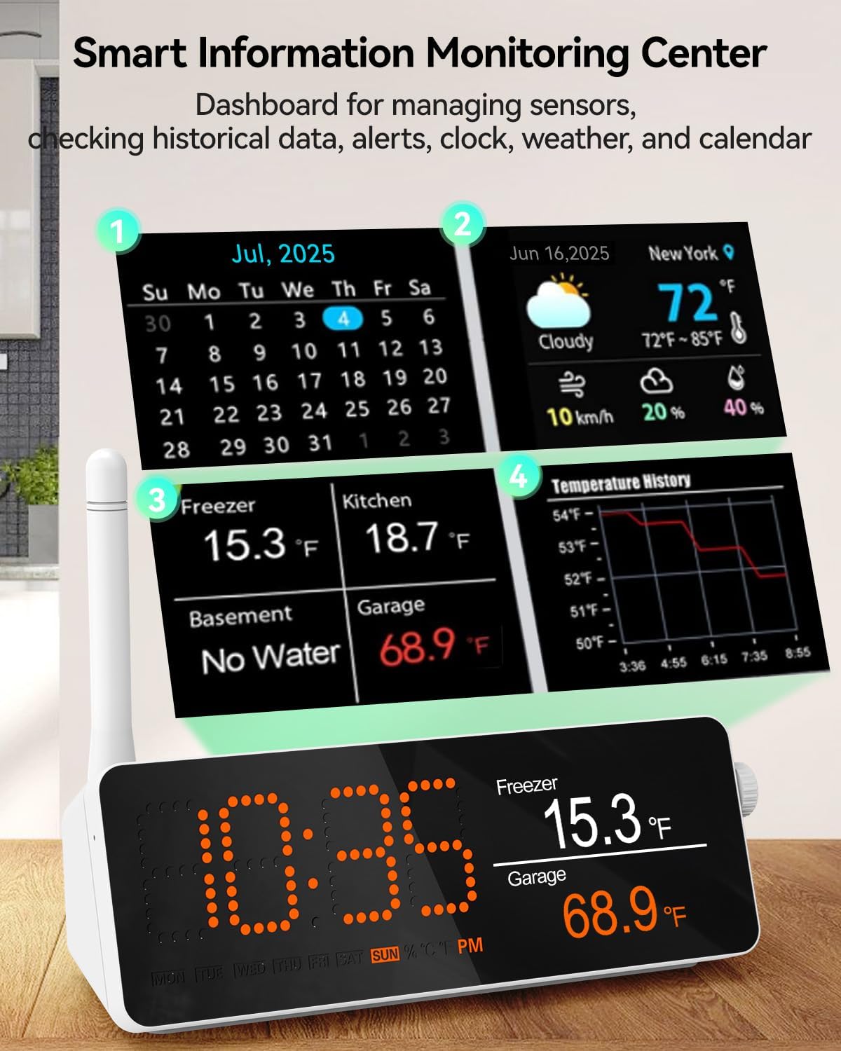 WiFi Remote Refrigerator Thermometer, 1/3 Mile Long Range Freezer Alarm, IP66 Waterproof, App Email Alert, with Digital Monitor Hub, 1 Smart Wireless Temperature Sensor for Kitchen, Fridge, RV