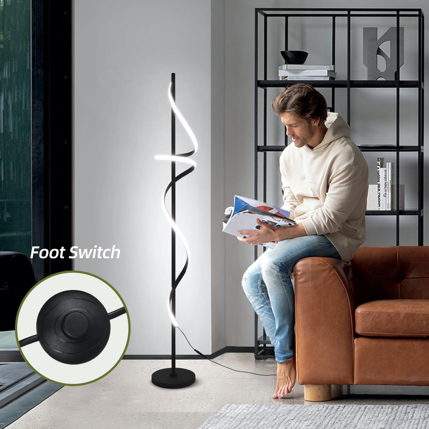 EIDISUNY Modern Spiral Floor Lamp, 48W LED, Dimmable, 60in Tall, Black, Model FL-YLC002BK