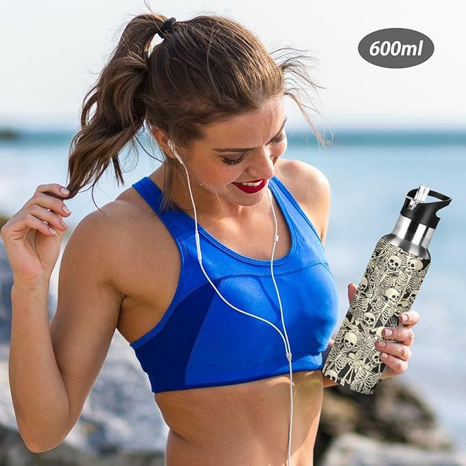 ALAZA Gothic Skull Skeleton Water Bottle With Straw Lids Boys Girls,Vacuum Insulated Leakproof Stainless-Steel Sports Bottle Thermal Flask For Gym Yoga Camping,34Oz (1000Ml)