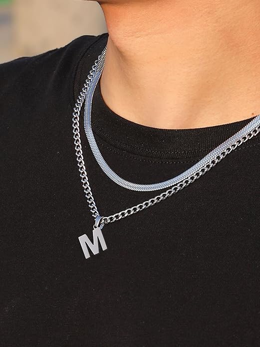 P. BLAKE Layered Initial A-Z Pendant Necklaces Gifts for Boys Men, Stainless Steel Letter Cuban Link Herringbone Chain Valentines Fashion Jewelry Gifts for Him