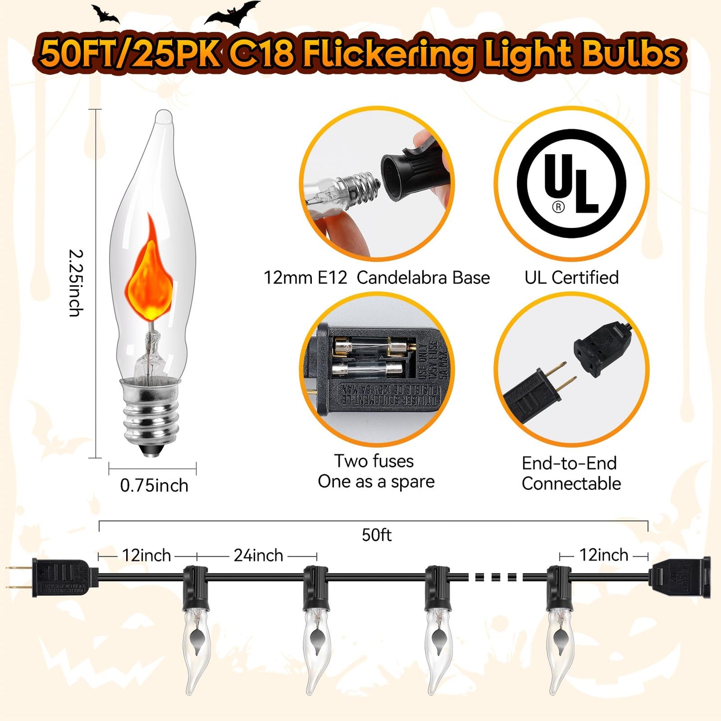 Hobbynors 50Ft Extra-Long Fall & Halloween String Lights 25 C18 Flicker Flame Bulbs For Outdoor Decor Waterproof & Connectable For Christmas  Thanksgiving & Festive Party Ambiance