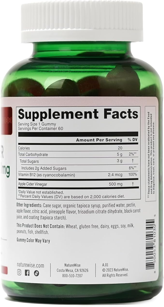 NatureWise Apple Cider Vinegar Gummies - 1000mg ACV per 2 + Vitamin B12 - Pectin Based Vegan, Gluten-Free, Non-GMO - 60 Count[30-Day Supply for 1000mg or 2-Month Supply for 500mg]