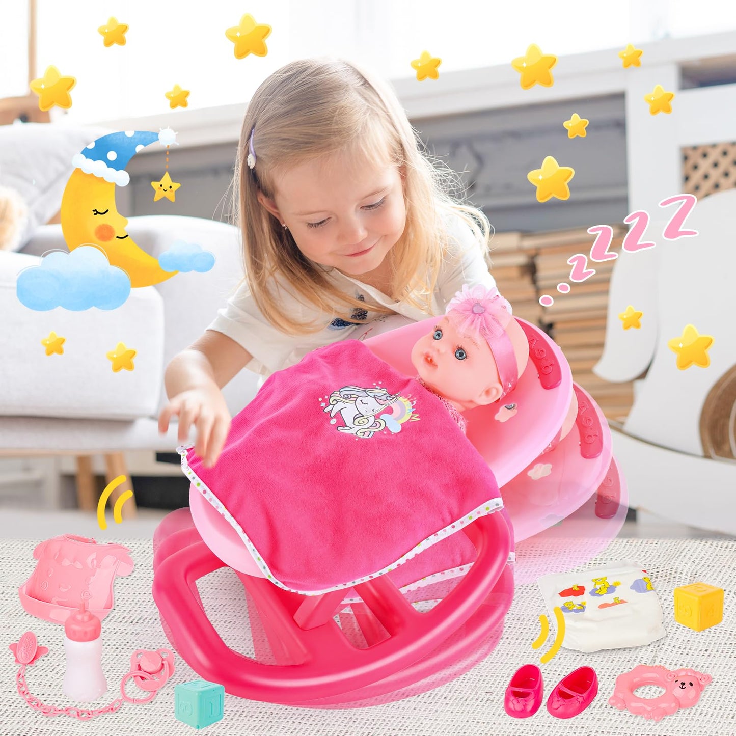 deAO Baby Doll Playset Baby Doll Crib Bed Set Adjustable 2 in 1 Baby High Chair and Rocking Bed, Baby Doll Accessories with 13 Inch Dolls, Feeding Pretend Play Toy Gift for Toddler 3+ Years Old
