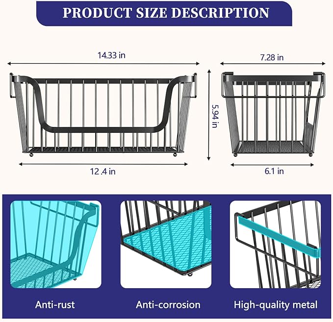 5 Pack Enhanced Leak-Proof Bottom Stackable Wire Baskets, Pantry Organizers and Storage, pantry storage，Shelf Baskets, Fruit Basket, Potato and Onion Storage Bins，(Black)