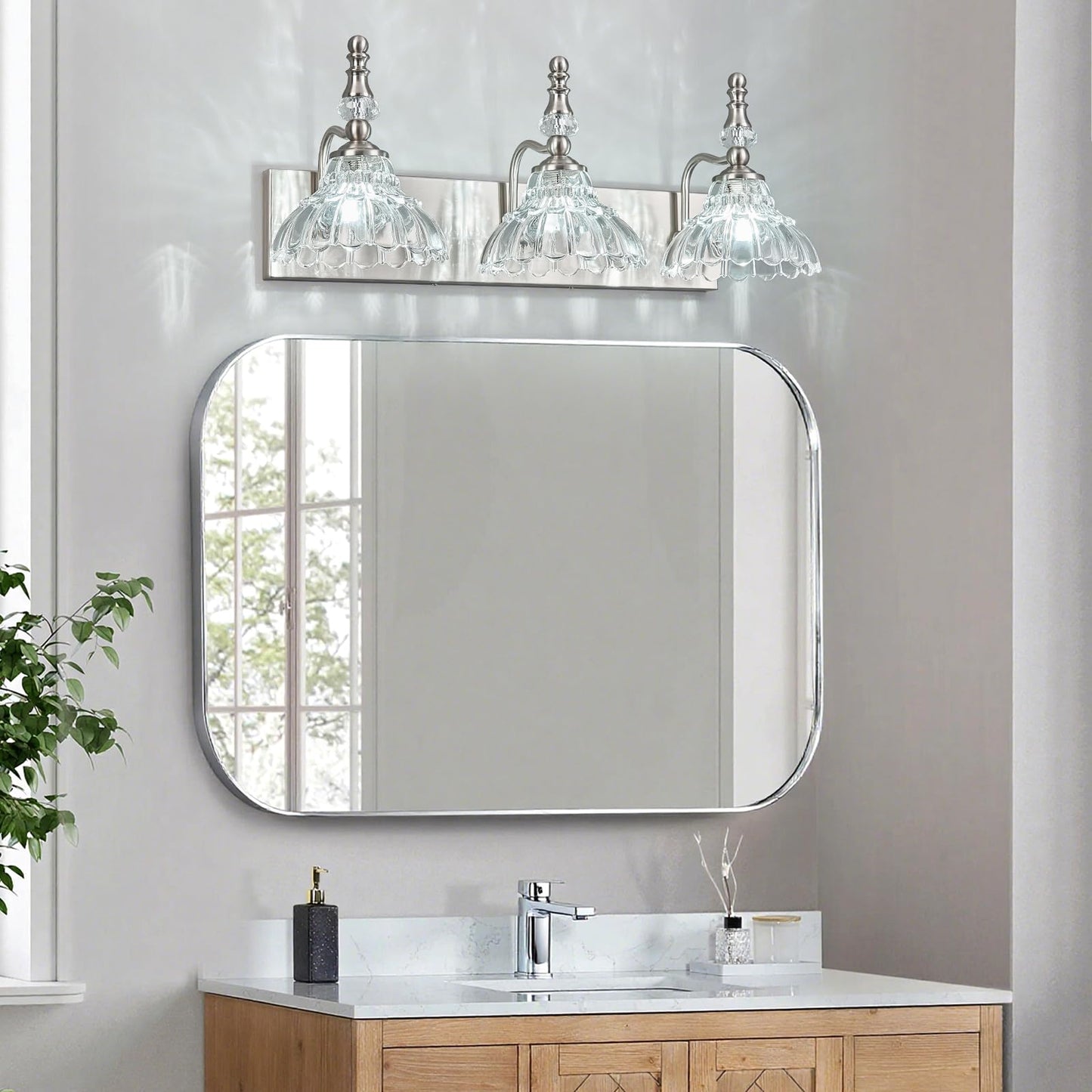 Lbsqj Vintage Bathroom Vanity Light  3-Light Brushed Nickel Vanity Lighting Fixture With Flower Glass Shade  Bathroom Lighting Fixtures Over Mirror