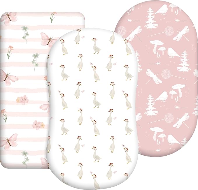 3-Pack Organic Bassinet Sheets for Girls Stretch, Soft Cozy Fitted Bassinet Mattress Sheet (32" x 16") Universal Fit for Hourglass, Oval, & Rectangle Mattresses Pink Butterfly