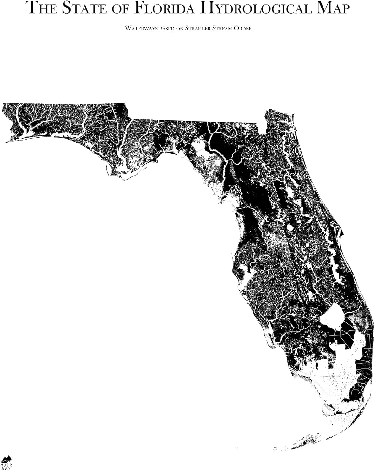 Muir Way Hydrological River Map of Florida - Watershed Topographic Wall Art for Home, Office, or Travel Decor - Unframed Flat Paper Print, 18x24