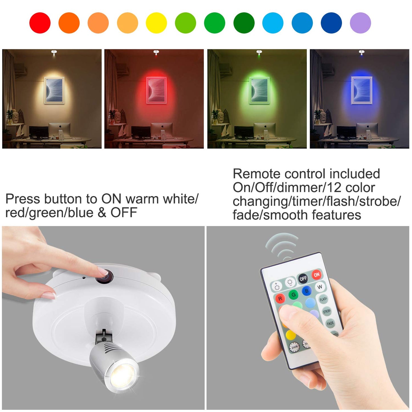 LUXSWAY Mini Accent Spotlight, Battery Operated LED Puck Light, Dimmable, 12 Color Changing, White Silver Head, 2 Pack