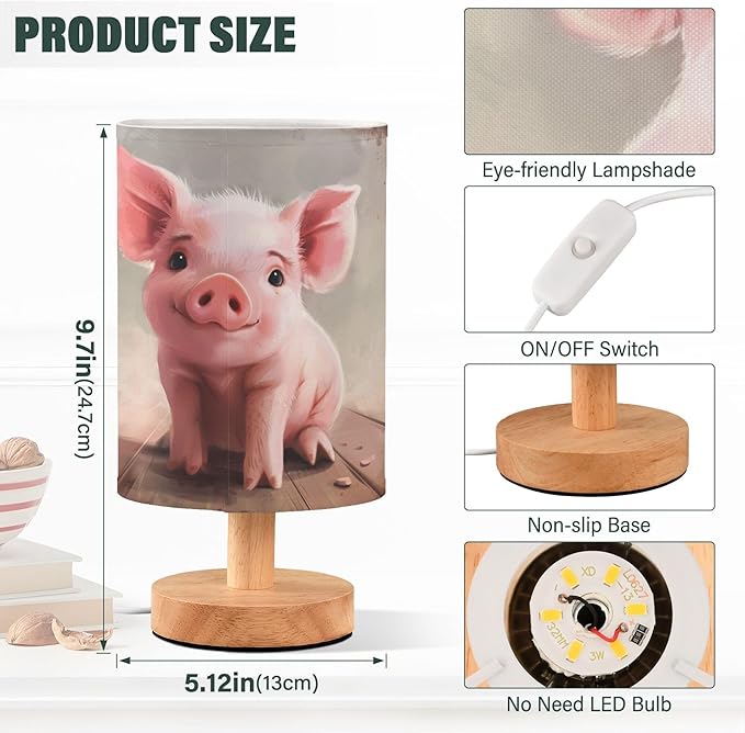 Table Lamp Cute Pink Pig Farm Animal Nightstand Lamp with Wood Base Fabric Lamp Shade Bedside Desk Lamp for Living Room Bedroom Kids Room Office