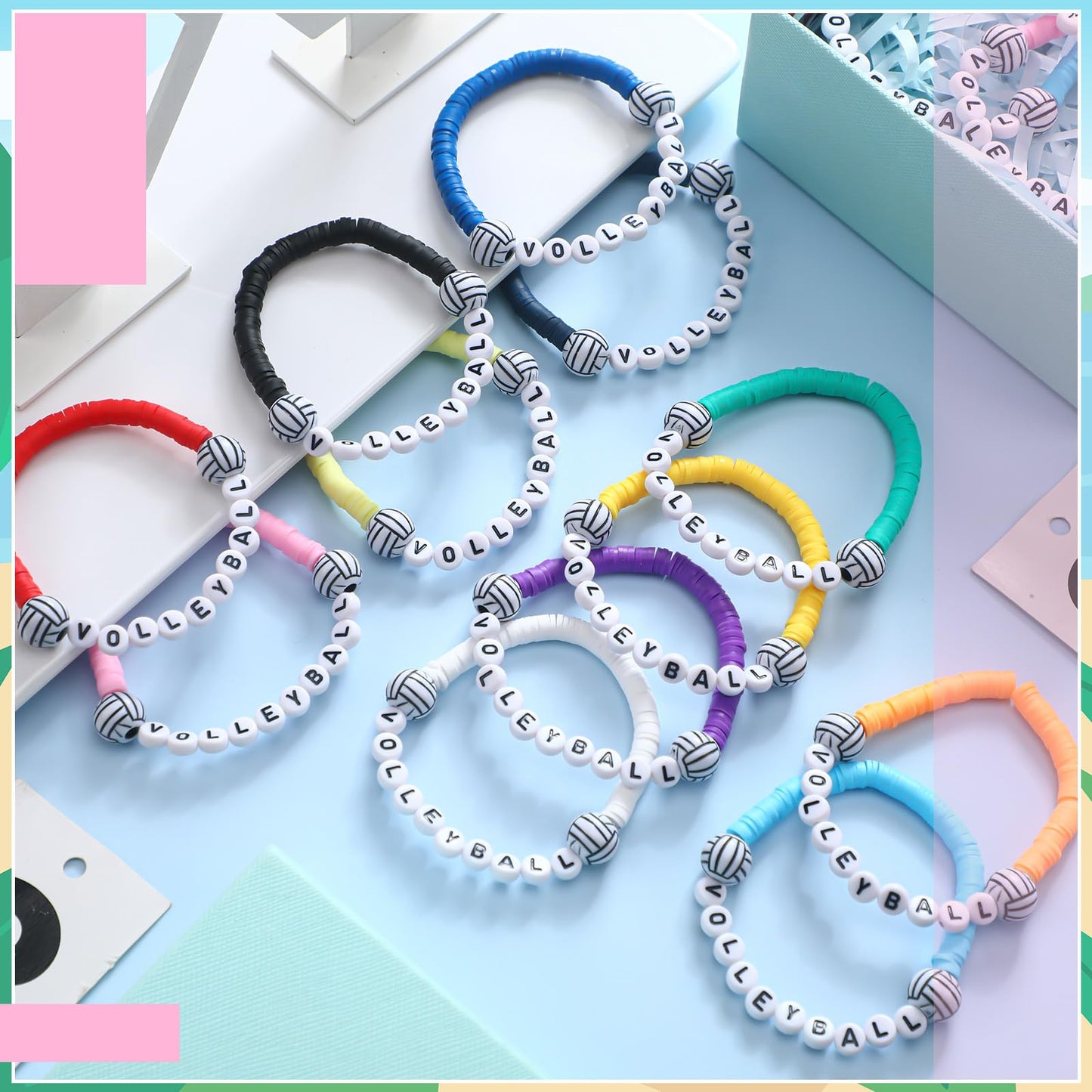Trnayi 24 Pcs Volleyball Bracelets Volleyball Party Favors Charm Volleyball Bracelet Stackable Clay Beaded Bracelets for Volleyb