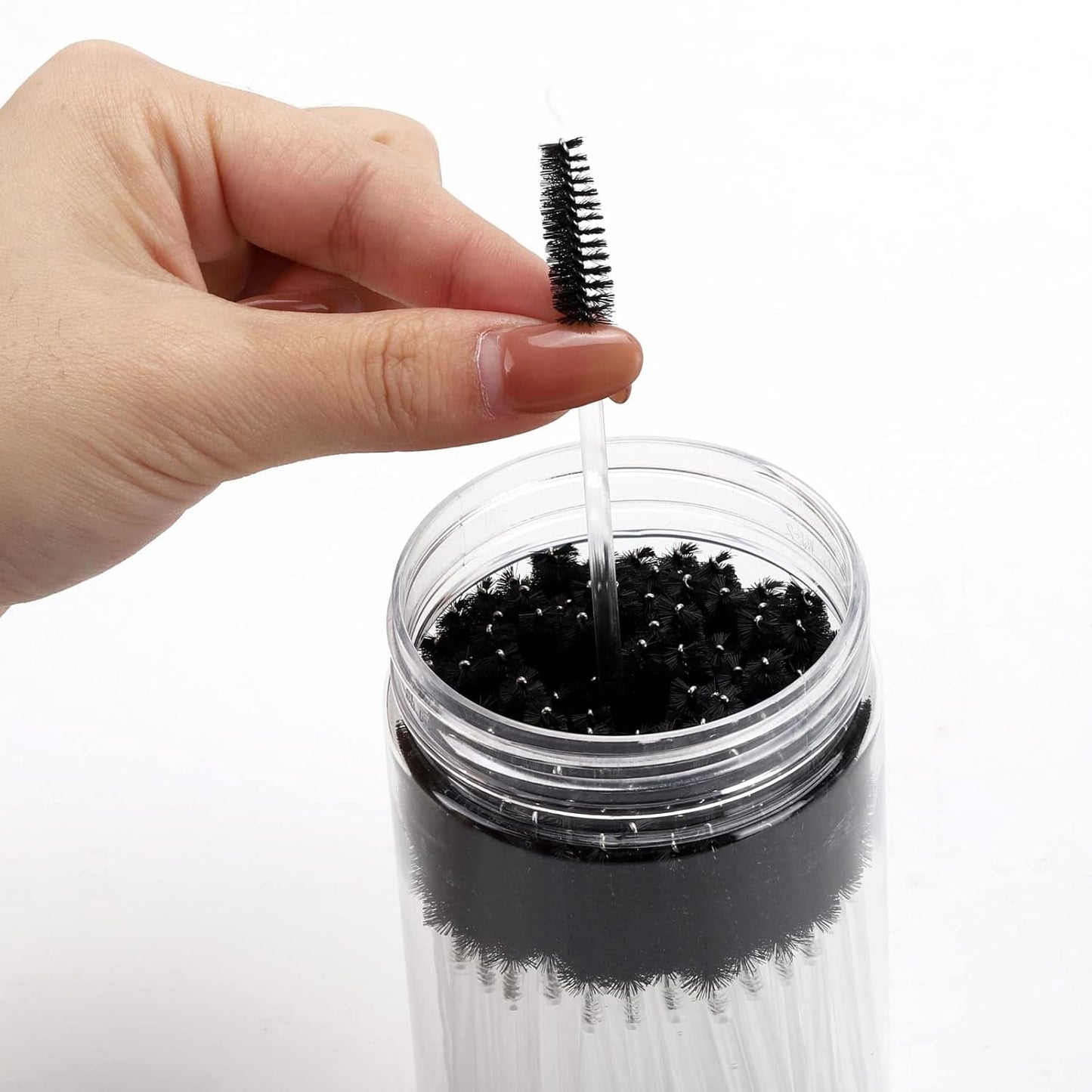 100 Pcs Disposable Mascara Wands, Crystal Eyebrow Spoolies Brush for Eyelash Extensions, Makeup Applicators Kits Eyelash Brush with Container (Black)