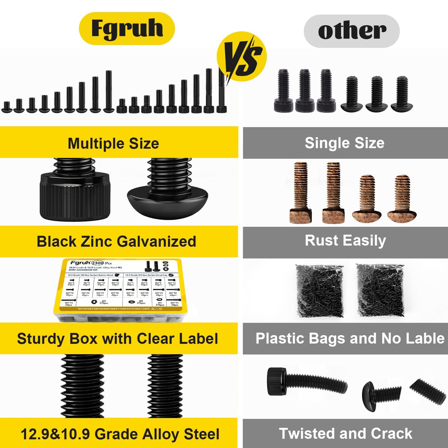 Fgruh 2300PCS M3 Screws with Nuts Assortment Kit, M3x4/6/8/12/16/20/25/30/35 mm Hex Socket Button & Cap Head Bolts Nut and Washers Set, 12.9 & 10.9 Grade Black Zinc Plated for DIY, 3D Printer