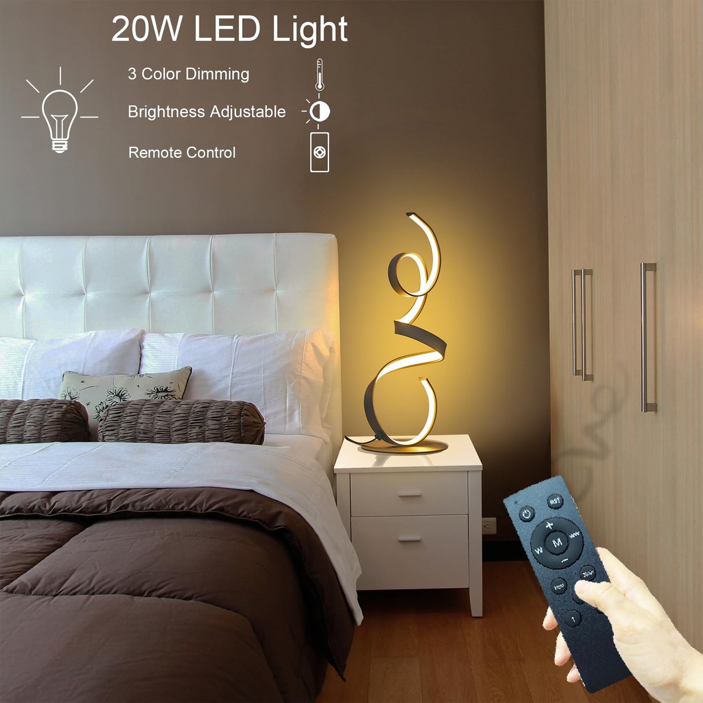 AooLiWang LED Art Table Lamp 20W, 3 Colors, Remote Control, 21.4 Inch, Black, Model ALW-TB