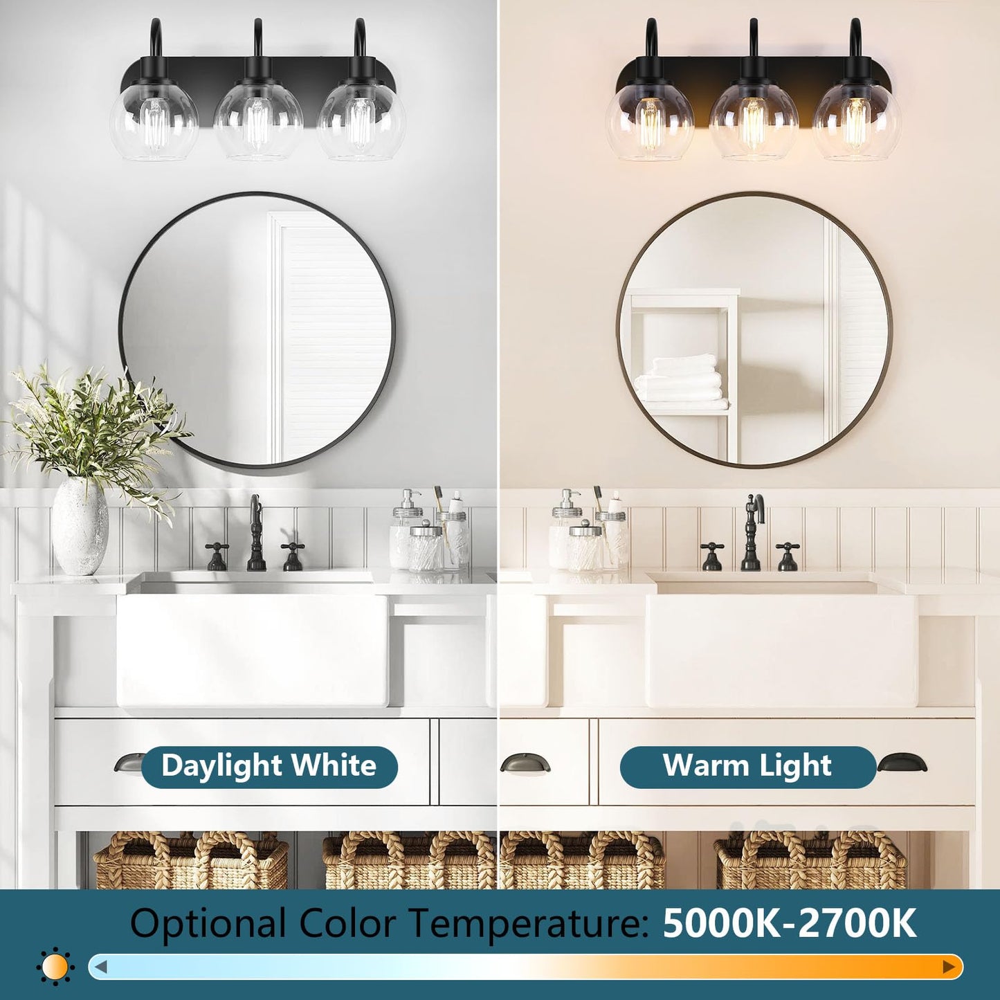 Dpyrrhic Bathroom Vanity Light,Modern 3-Light Bathroom Lighting Fixtures Over Mirror with Clear Glass Shade and Metal Base,Matte Black Bathroom Lighting