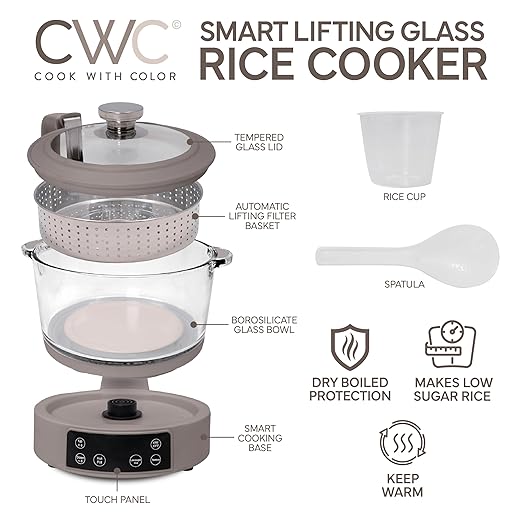 COOK WITH COLOR 3L Glass Mini Low Carb Rice Cooker – Holds 2 Cups Raw/Makes 6 Cups Cooked with Auto Lift Filter Basket, Hotpot & Steamer for Rice, Grains, Digital Panel with Keep Warm, Goat/Mink