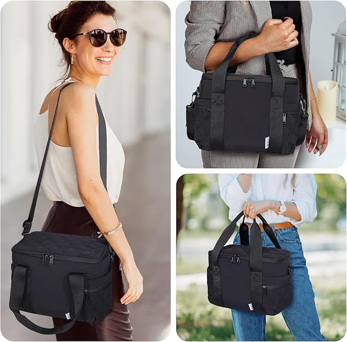 NOL Natural Organic Lifestyle Women's Nylon Lunch Cooler Cute Quilted Lunch Bag Large Leakproof Insulated Lunch Tote Bag for Work Picnic Travel,Black