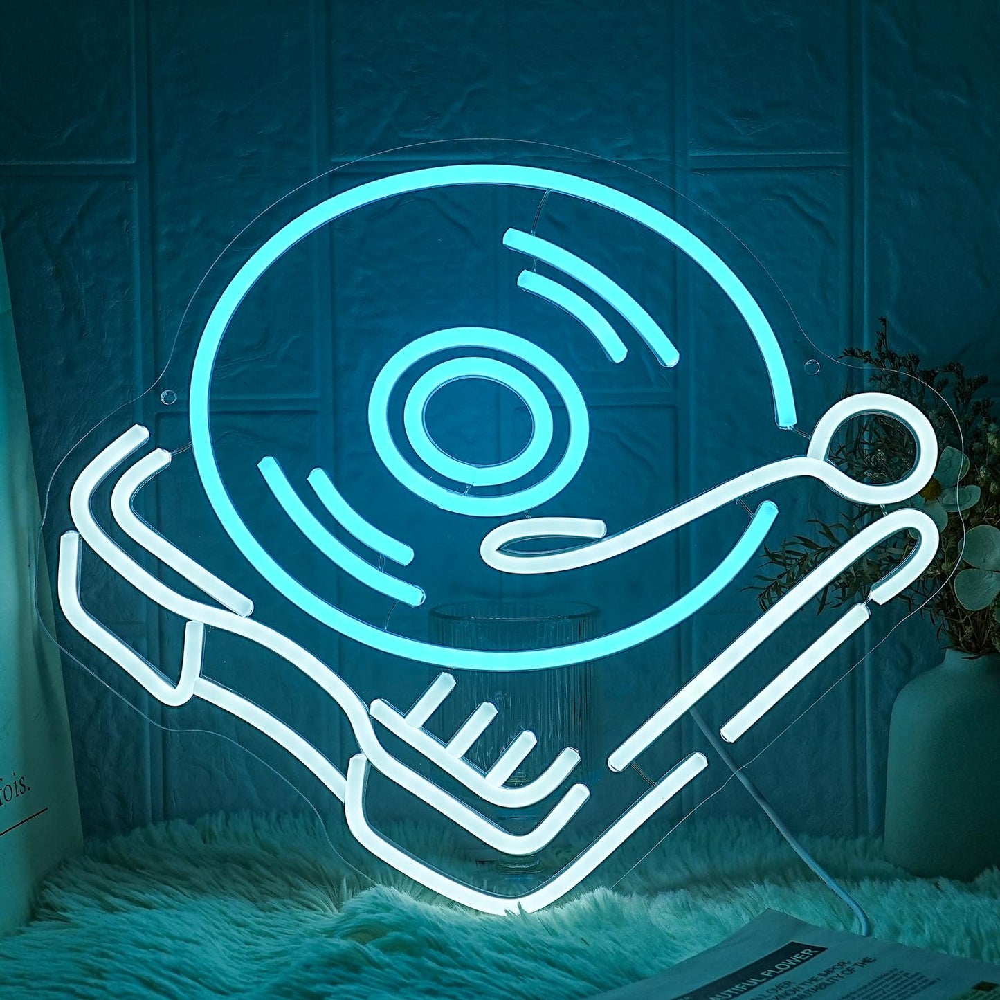 Lmsignly Record Player Neon Sign Retro Blue White Music Record Neon Light Neon Signs For Music Studio Decor Live Music Neon Light Sign For Bedroom malt-inspired Bar Decoration