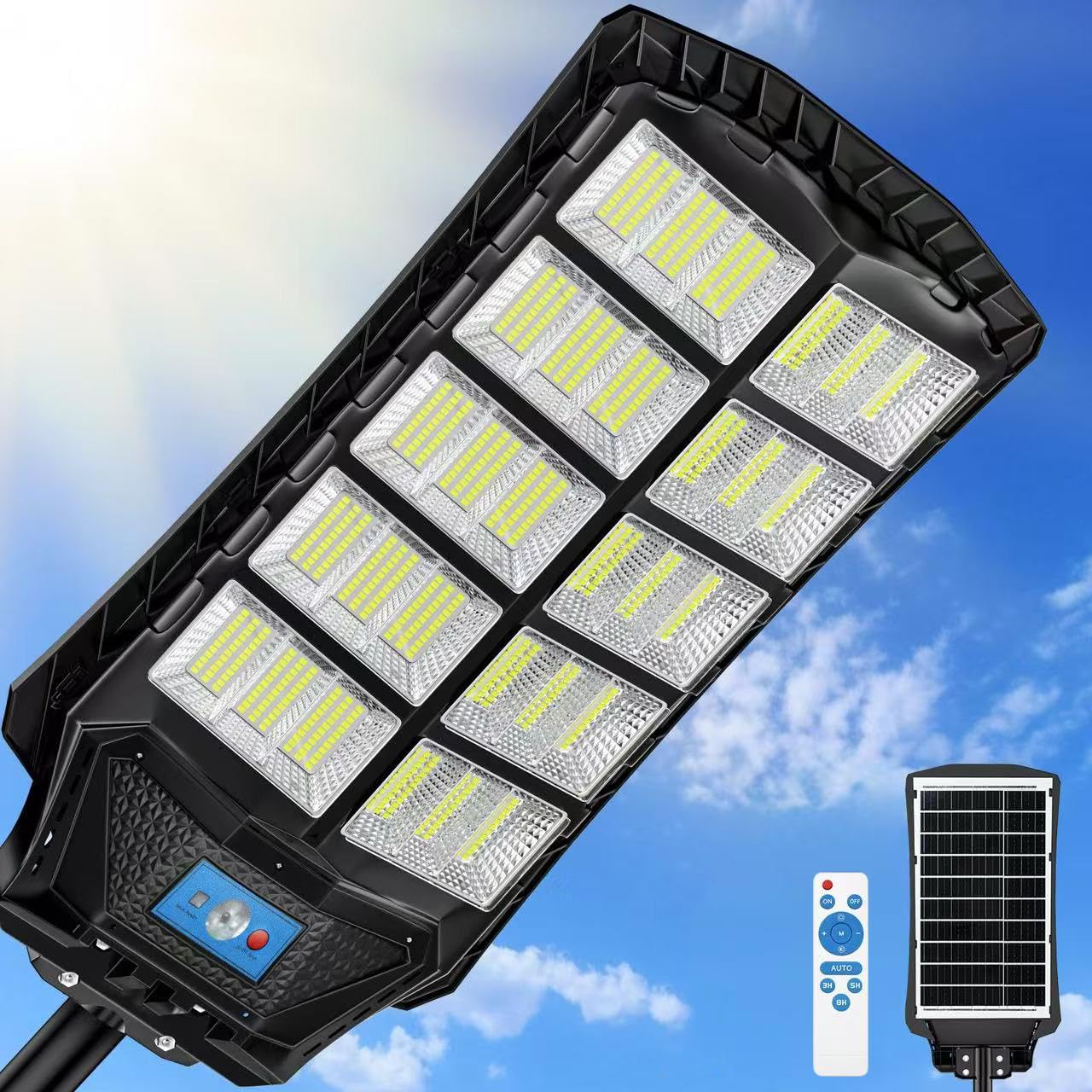 Ziziwin 12000W Solar Street Lights Outdoor Waterproof  Large Solar Parking Lot Lights Dusk To Dawn With Remote Control And Motion Sensor  Pole Or Wall Mounted  For Outside Yard Garage Barn Driveway