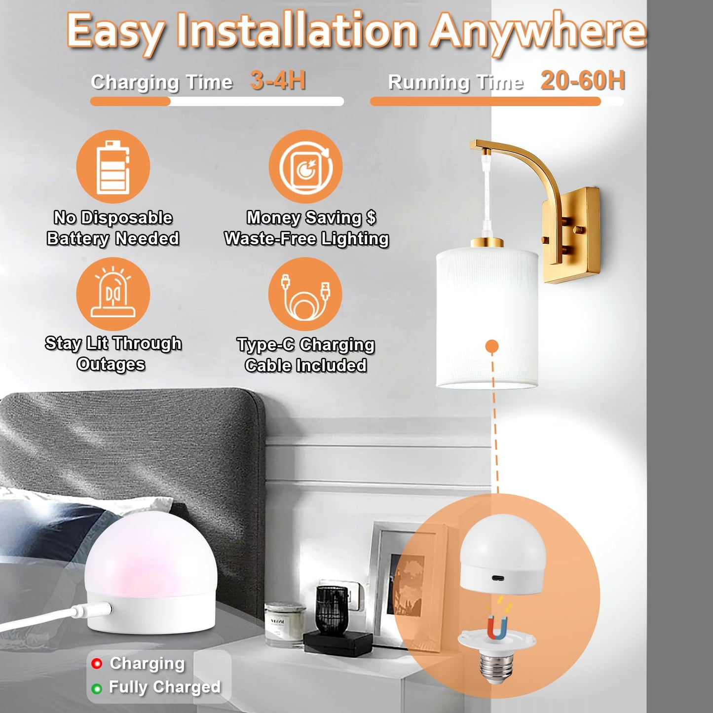 CNOIJUTS Battery Operated Wall Sconces Set of 2, Brass Gold, Rechargeable with Remote & Bulbs, Dimmable, Model W250301RC