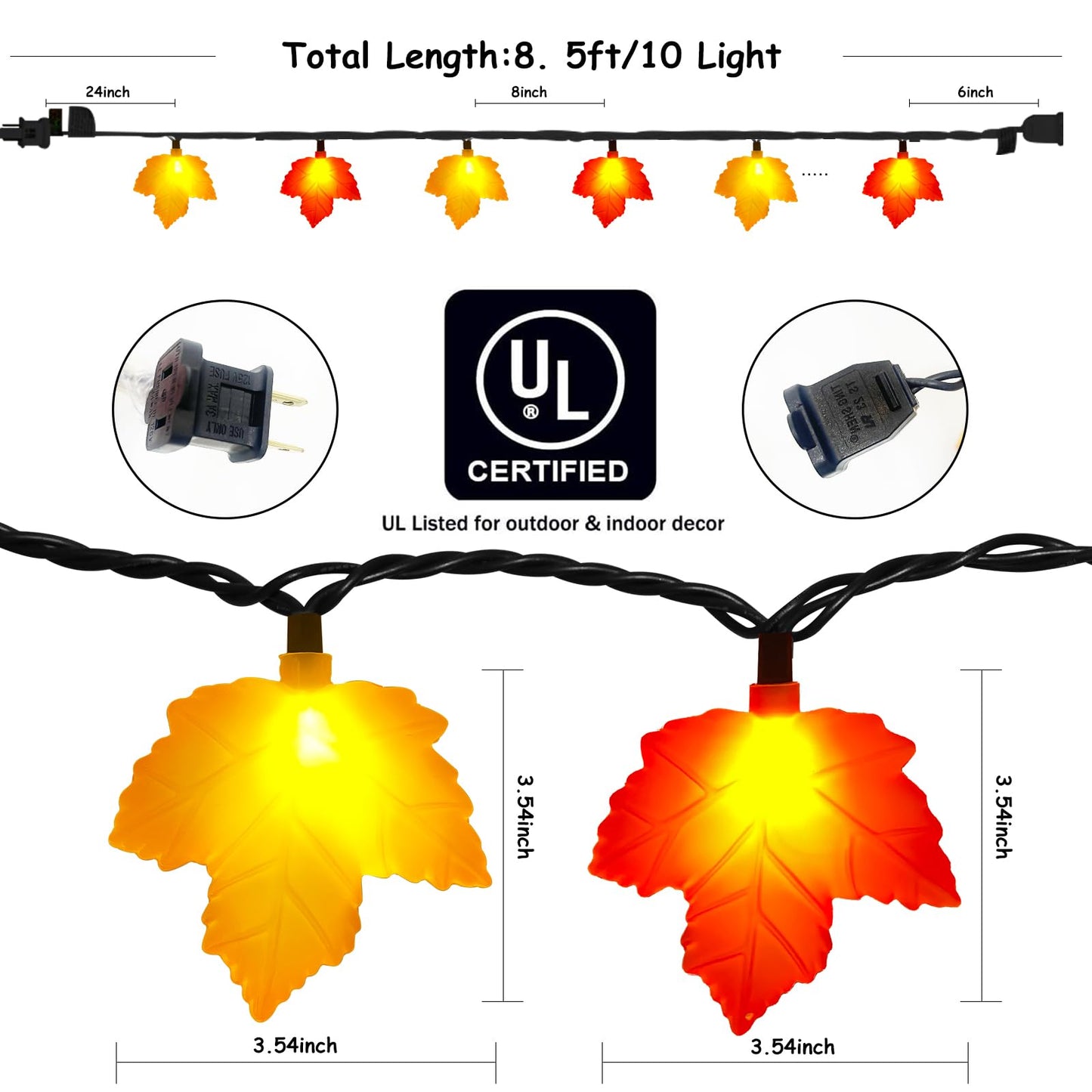 Abeja Fall Maple Leaf Lights  8.5Ft Led Leaf String Lights With 10 3D Orange Yellow Leaves  Indoor Outdoor Fall Lights For Bedroom Thanksgiving Party Garden Patio