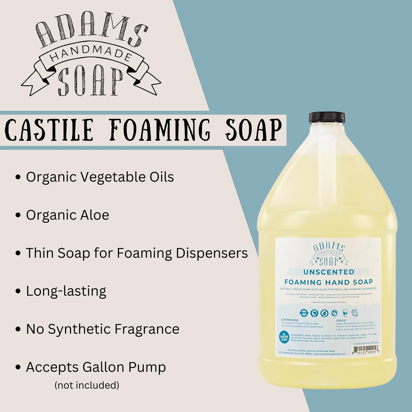 Adams Handmade Soap Thin Castile Foaming Liquid Hand Soap 1 Gallon Refill - Unscented (Pack of 4)