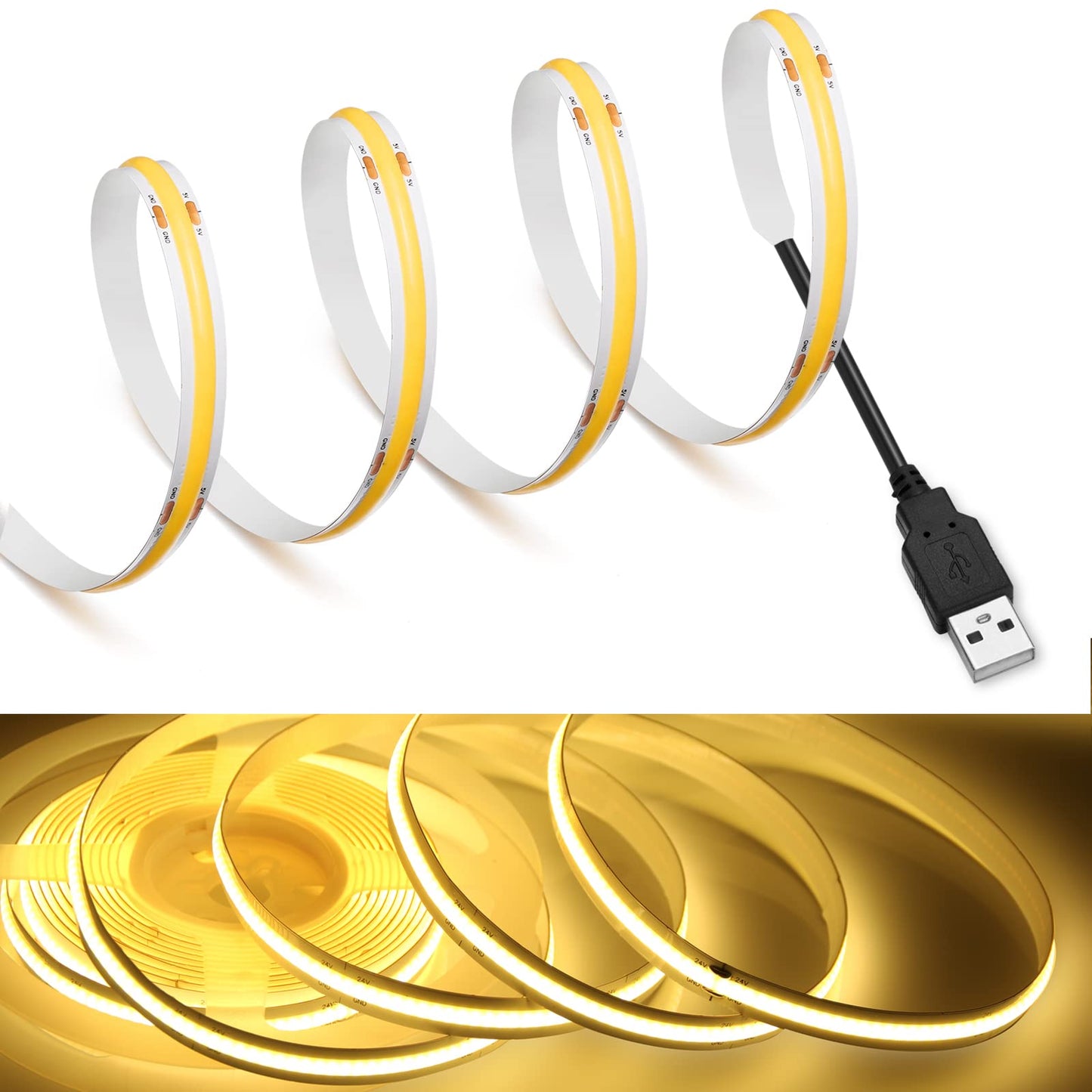 MDee COB LED Strip Lights, 3000K Warm White, 9.84ft/3m, USB Powered, 5V, Flexible, Model LEDSTRIPLIGHT