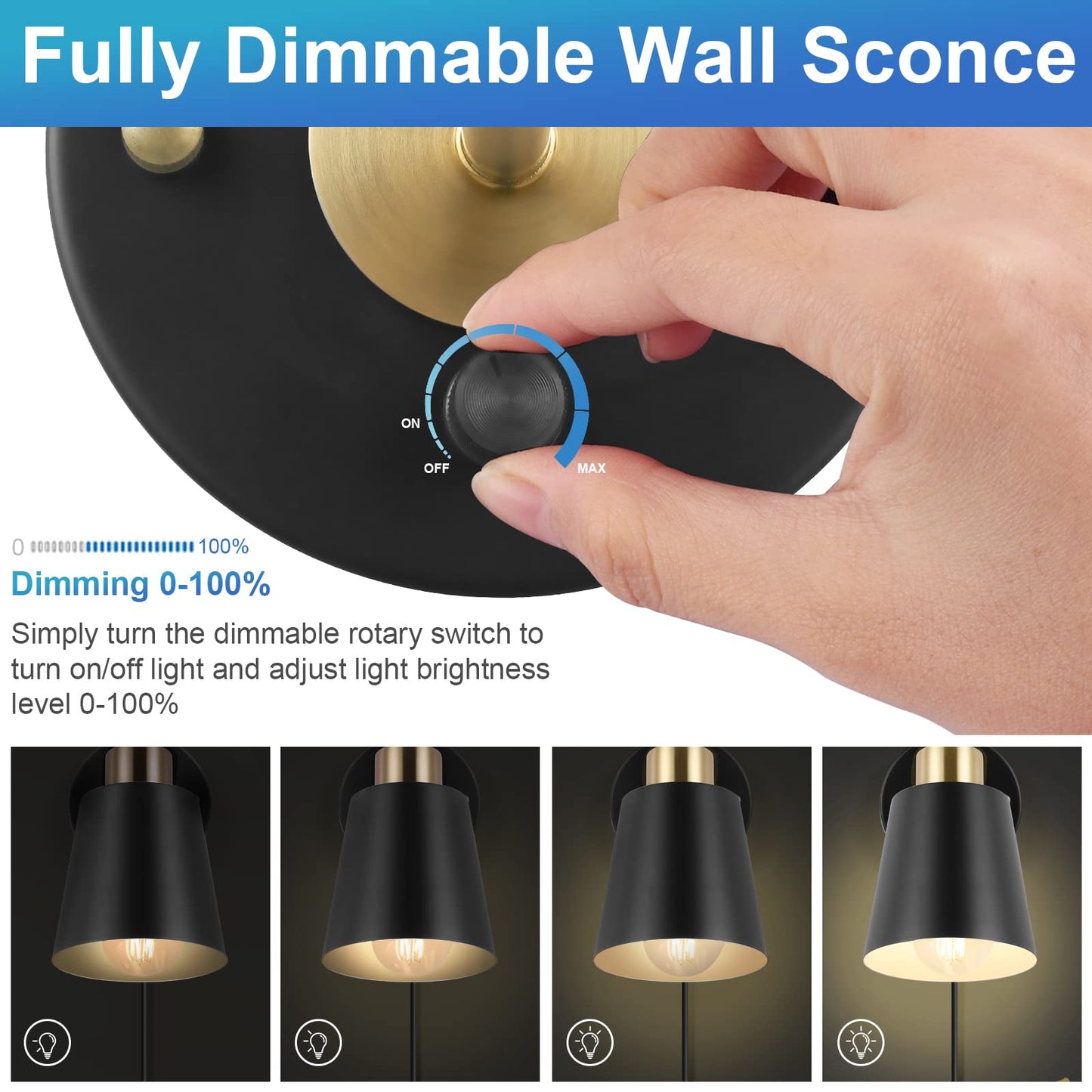 VATONI Plug in Wall Sconce, Dimmable Adjustable Light, 1 Pack, Black, Brass, Stlamp-Blk-1P, One Bulb Included