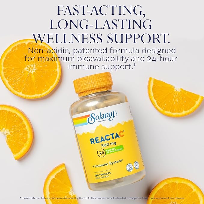 SOLARAY Reacta-C with Vitamin C 500mg - 200mg Bioflavonoid Concentrate, Immune Defense Vitamins - Patented 24 Hour Immune Support Supplement - Vegan - 180 Capsules, 180 Servings