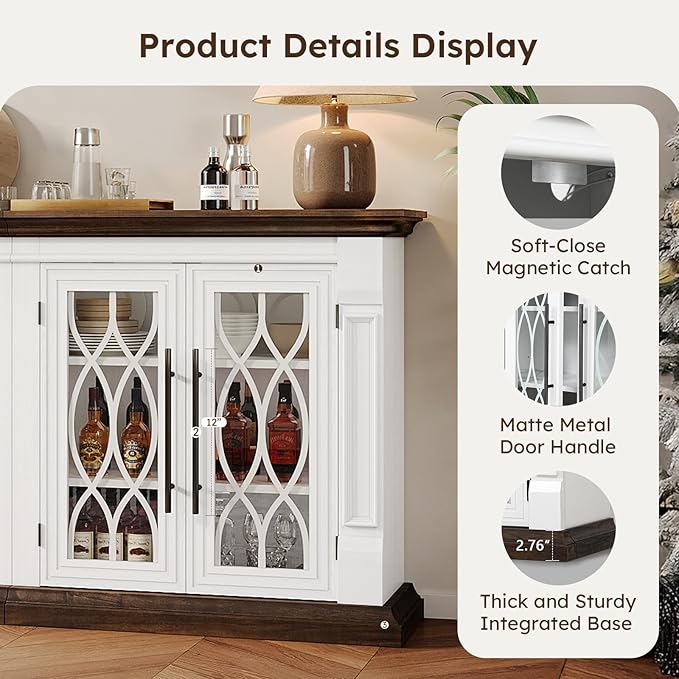 60 inch Farmhouse Buffet Sideboard Cabinet with 4 Glass Doors, Coffee Wine Bar Storage Cabinet, Buffet Table with Adjustable Shelves for Dining Room, Kitchen, Living Room