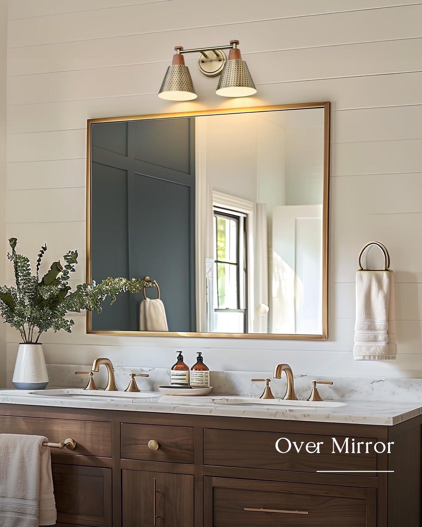 Femila 2 Light Bathroom Vanity Light Fixtures Over Mirror  Modern Brass Gold Bathroom Lighting Fixtures With Metal Shades  Woodgrain Finish  4Fg59B-2W Bg-Nw