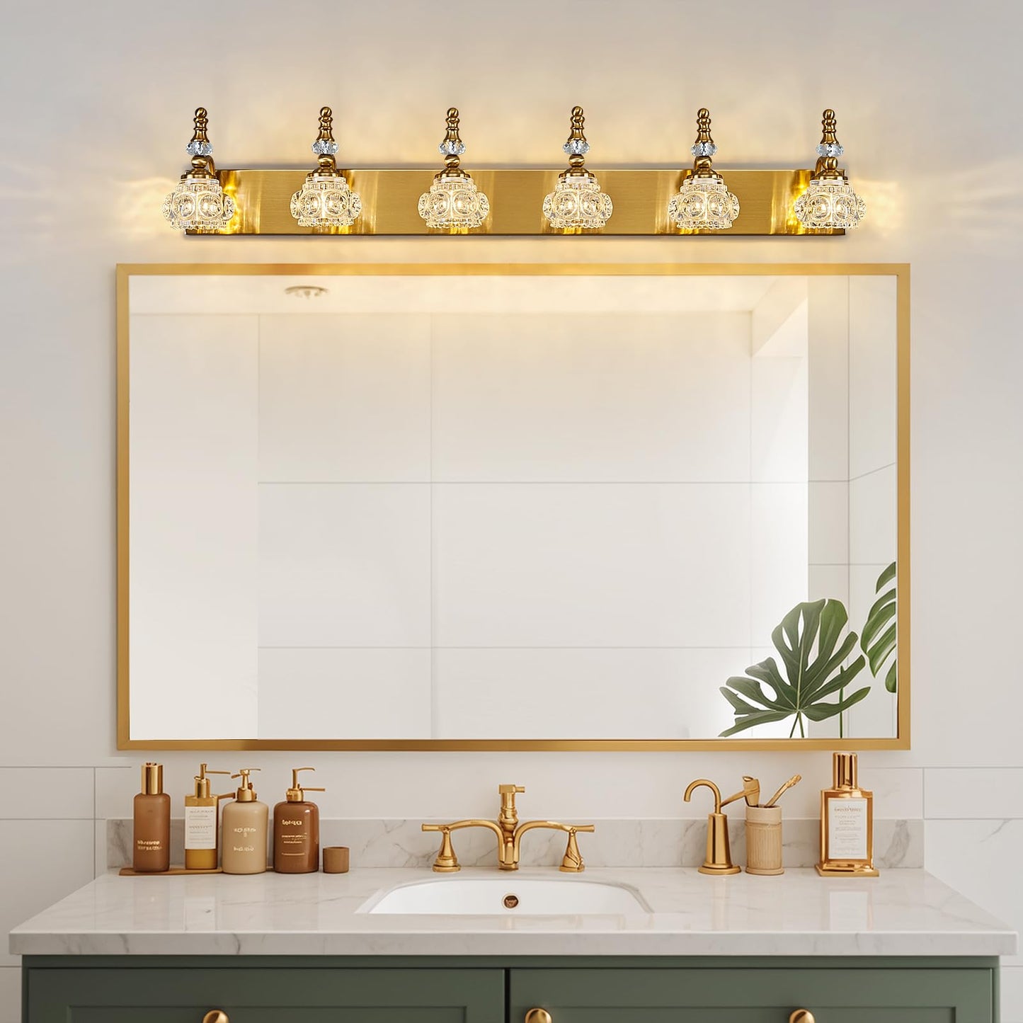 Lbsqj Modern Glass Crystal Vanity Light - Vintage Bathroom Lighting Fixtures Over Mirror 6 Light Vanity Lights G9 Bulb (43.3 Inch  Gold)