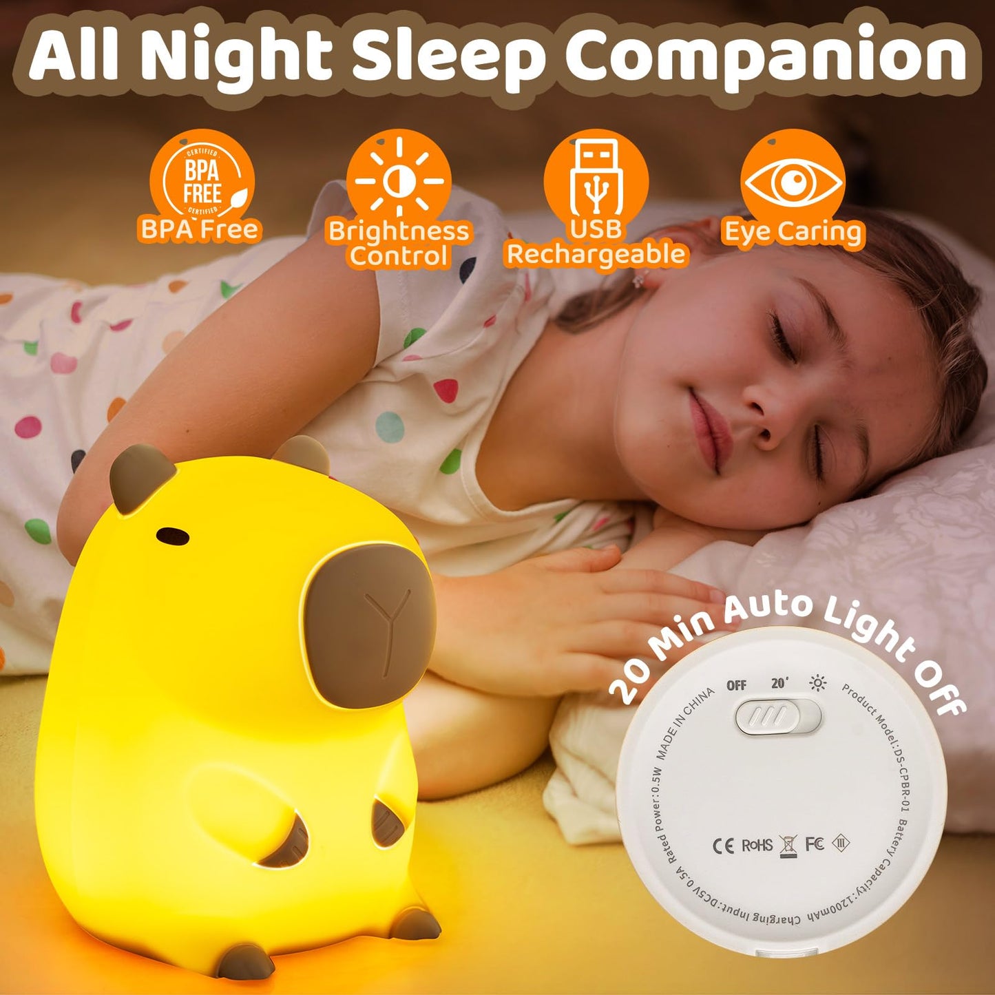 Huggwaii Squishy Capybara Night Light For Kids - Soft Silicone Tap-Control Kids Night Light With 2 Brightness Levels & 20-Min Timer  Cute Lamp For Nursery Bedroom Decor  Baby Gift (1200Mah Battery)