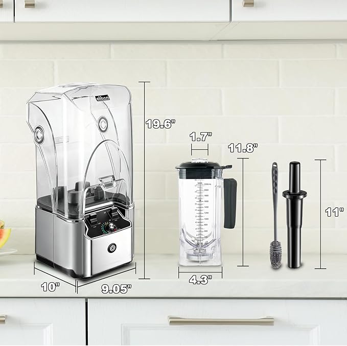 Commercial Blender for Smoothies 2200W With Soundproof Cover, 2200 ML, 15 Speeds, 6-leaves Stainless Steel Blade,Heavy Duty Blender for Restaurant,Ice Crush,Shakes, 9.5"D x 9"W x 19.7"H,Silver