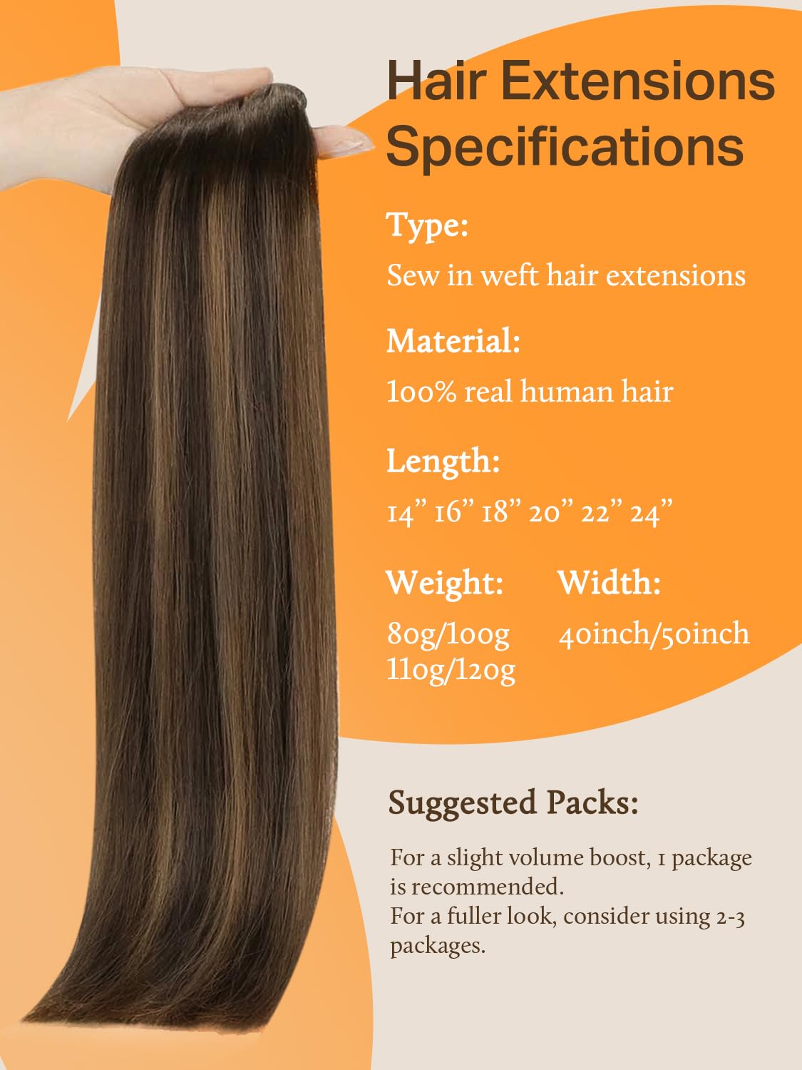 DOORES Sew in Real Hair Extensions for Women, 20 Inch 100g Balayage Light Brown to Light Chocolate Brown and Light Chestnut Brow