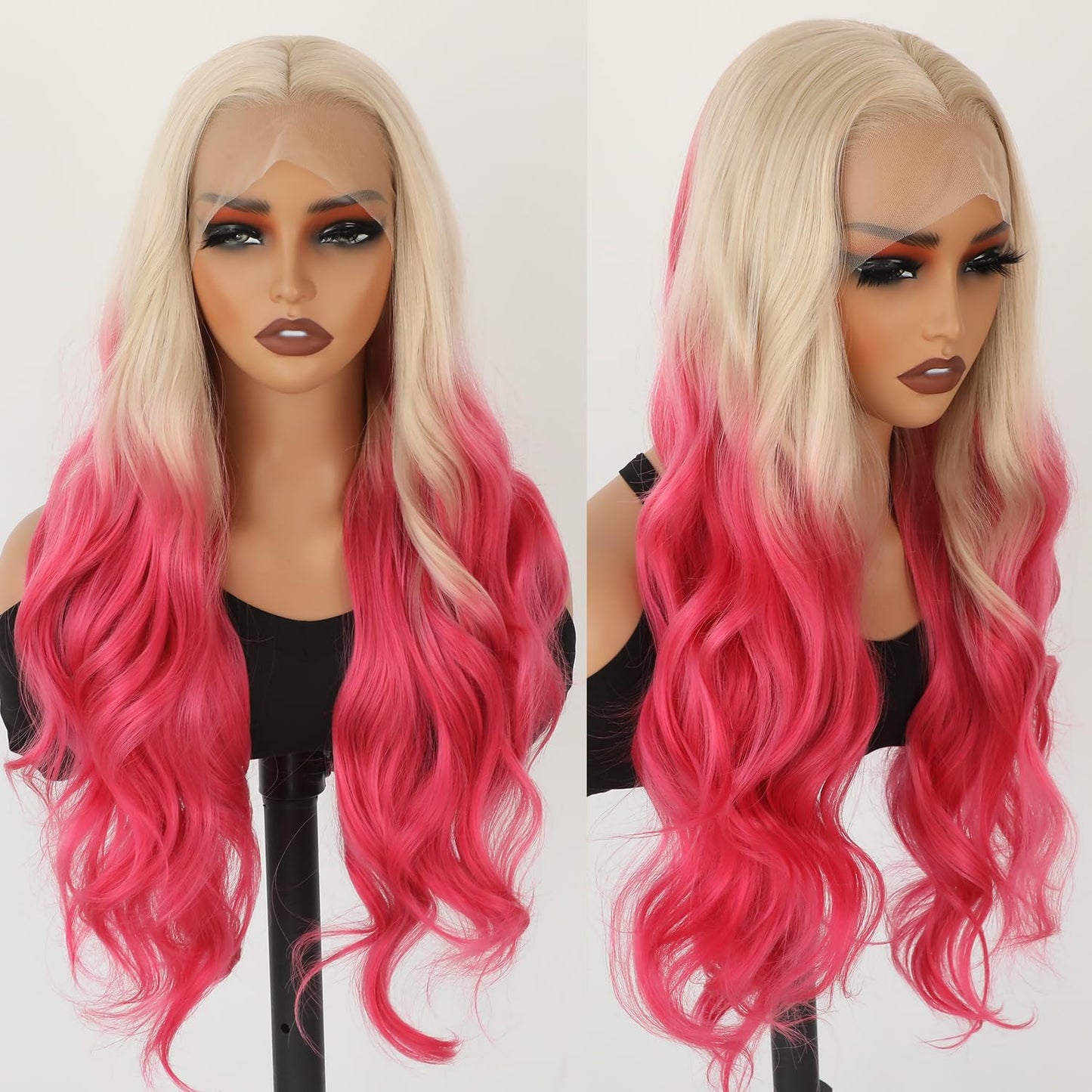 Missyvan Ombre Pink Lace Front Wig - 28" Long, Heat Resistant, Glueless, Pre Plucked, Natural Wavy Hairstyle for Fashion Women