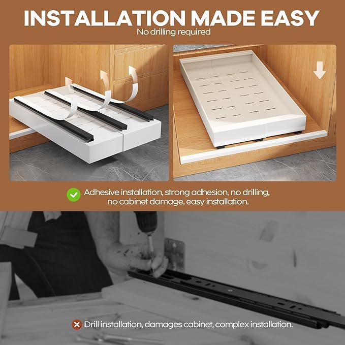 2 Pack Expandable (9"-14") Pull Out Cabinet Organizer 21" Deep With Raising Pad for Framed Cabinets,Upgrade 3 Slide Rails Slide Out Drawers,No Drill Roll Out Shelves Adhesive,White