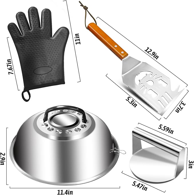 Smashed Burger Set, Stainless Steel Burger Press Kit, Burger Press, 10 Inch Basting Cover, Grill Spatula,1 BBQ Glove - Griddle Accessories for Blackstone or Flat Top Griddle Grill Cooking