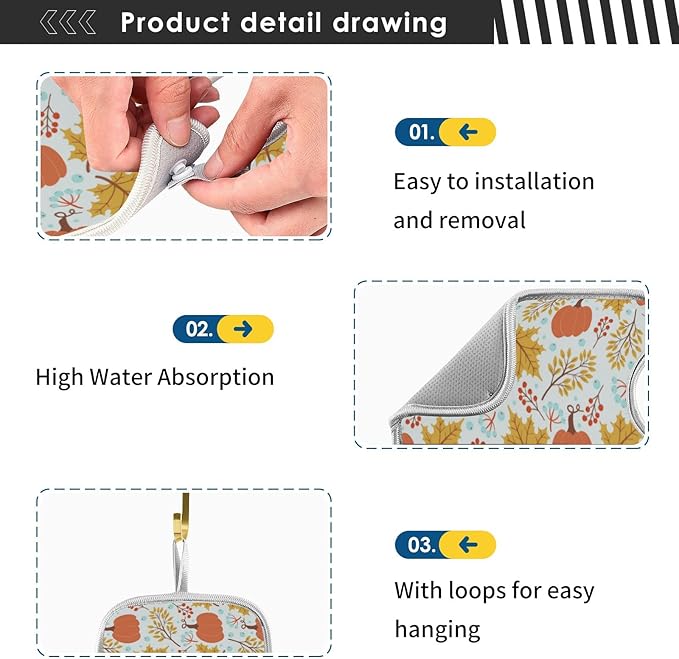 Fall Pumpkin Faucet Sink Mat for Kitchen 2 Pack Autumn Maple Leaves Sunflower Berry Bathroom Drying Mat Absorbent Splash Water Catcher Mats Microfiber Cloth Drip Protector Splash Pad 23x5 Inches