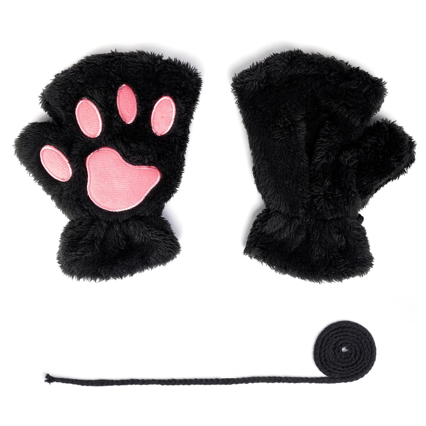 Hmxpls Fingerless Cat Paw Gloves, Winter Furry Bear Paw Gloves Cosplay Costume Accessories (Black)