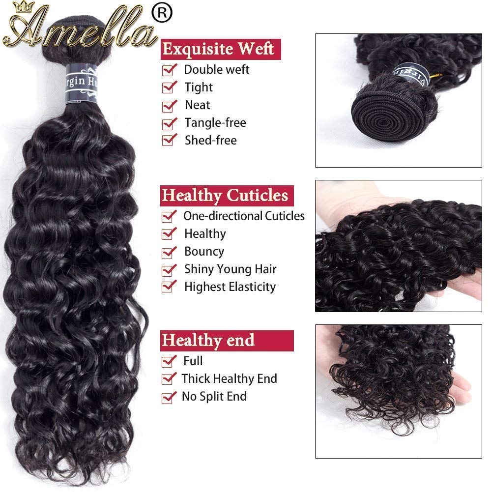 Amella Hair 8A Brazilian Virgin Curly Hair 3 Bundles with Lace Frontal non Baby Hair 100% Unprocessed Human Hair Weave with Free