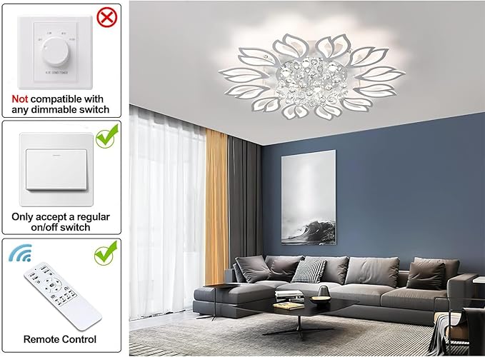 Tioolo Modern Ceiling Lamp, Dimmable LED Ceiling Light, 12-Head Flush Mount Flower Shape Chandelier with Remote, Acrylic Petal Lighting Fixture for Bedroom Kitchen Dining Living Room (55W,White)