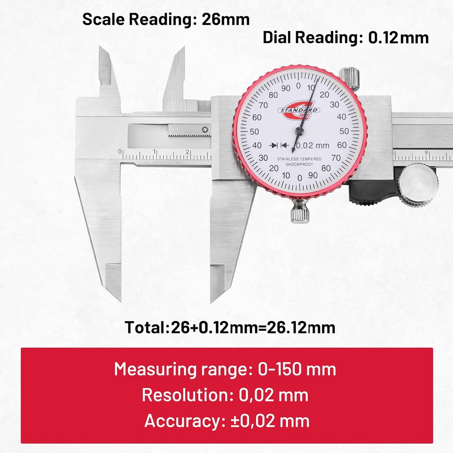 Metric Dial Caliper Measuring Tool 0-150mm Range, Analog Precision Caliper ±0.02mm Accuracy, Manual Mechanical Metal Stainless Steel Measuring Dial with 4-Way Measurements
