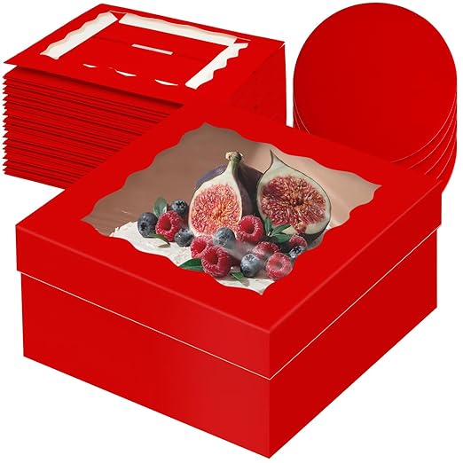 qiqee 12x12x6 Cake Box, 18 Sets Red Cake Box with Window ＆ 18 Sets 12" Red Cake Round Boards, 12inch Cake Containers